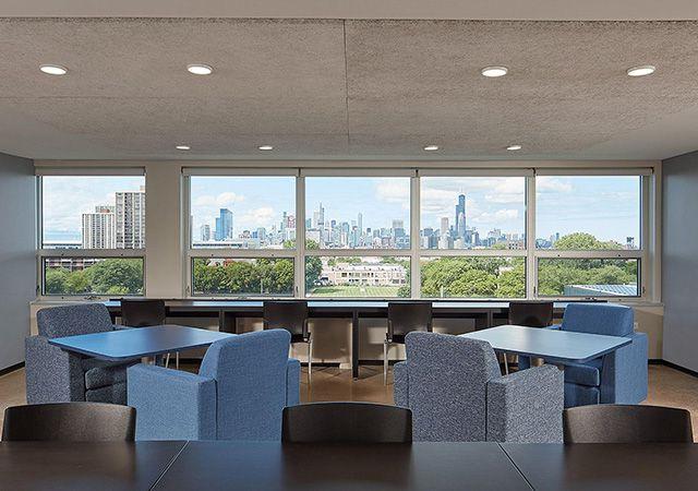 View towards chicago from common area in cunningham hall